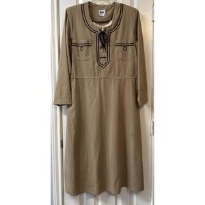 Vintage Leslie Faye 80s Beige Black Lace Up Bust Maxi Shirt Dress Oversized 12